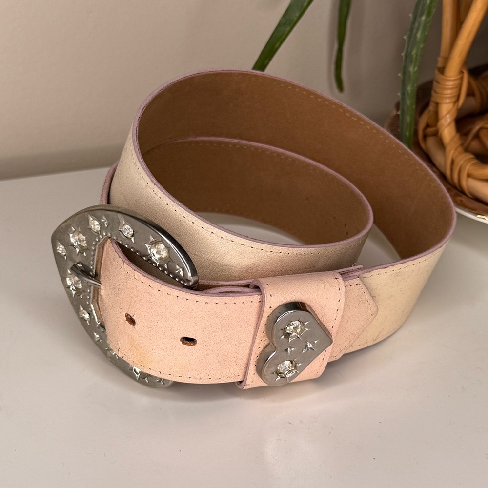 Y2K Crystal Heart Western Belt Pink Ombre Rhinestone Buckle Wide Festival Med